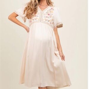 Cream Short Sleeve V-Neck Maternity Midi Dress NWT